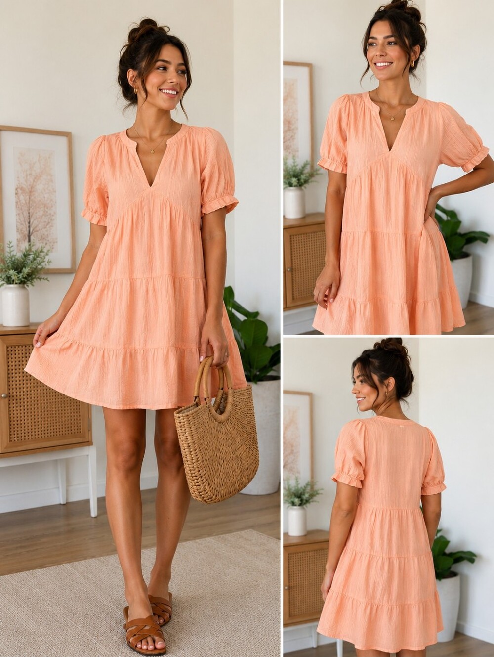 Peach Cotton Babydoll Tunic Dress/Top | Puff Sleeves | XS